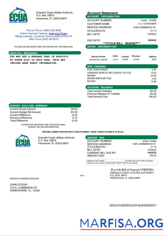 Realistic USA ECUA utility bill template in Word and PDF format